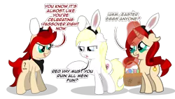 Size: 1920x1080 | Tagged: safe, artist:anonymousdrawfig, derpibooru import, oc, oc:aryanne, oc:red pone (8chan), oc:ruby (8chan), unofficial characters only, earth pony, pony, unicorn, /pone/, 8chan, bandana, bastet, bunny ears, clothes, dialogue, easter, easter bunny, easter egg, heart, holiday, magic, nazi, scarf, scrunchy face, speech bubble, swastika