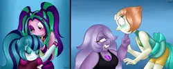 Size: 1024x410 | Tagged: safe, artist:queentigrel, derpibooru import, aria blaze, sonata dusk, equestria girls, rainbow rocks, amethyst (steven universe), arisona, blushing, crossover, female, flirting, hug, lesbian, pearl (steven universe), shipping, steven universe