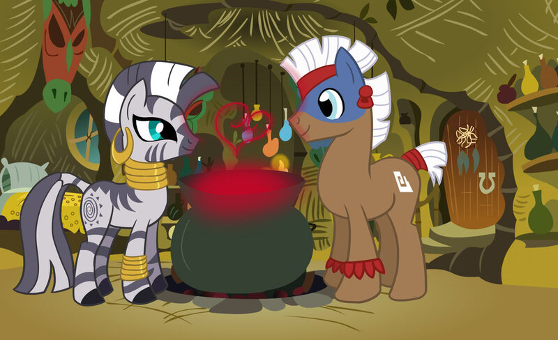 Size: 1024x624 | Tagged: artist:maddaimond255, cauldron, derpibooru import, female, heart, male, safe, shipping, straight, temple chant, zebra, zechant, zecora, zecora's hut