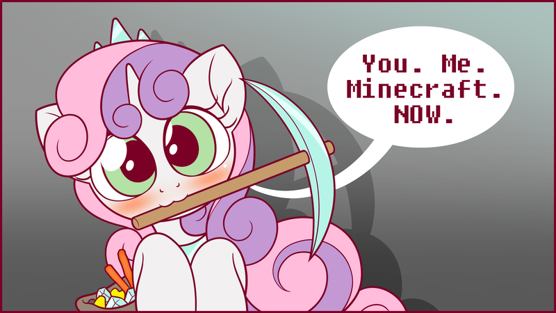 Size: 3840x2160 | Tagged: artist:symbianl, bronybait, cute, derpibooru import, dialogue, diamond pickaxe, diasweetes, don't mine at night, looking at you, minecraft, mouth hold, pickaxe, safe, solo, sweetie belle, symbianl is trying to murder us, you. me. x. now.