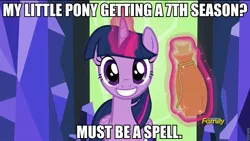 Size: 960x540 | Tagged: safe, derpibooru import, screencap, twilight sparkle, twilight sparkle (alicorn), alicorn, pony, what about discord?, caption, discovery family logo, exploitable meme, female, image macro, mare, meme, must be a spell, potion, text