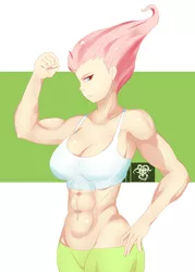 Size: 2332x3252 | Tagged: safe, artist:victorshinigami, derpibooru import, fluttershy, saddle rager, bat pony, human, power ponies (episode), abs, armpits, breasts, busty fluttershy, clothes, female, flutterbat, humanized, midriff, muscles, muscleshy, power ponies, race swap, solo, sports bra