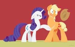 Size: 1280x800 | Tagged: safe, artist:hoverrover, derpibooru import, applejack, rarity, earth pony, pony, unicorn, angry, applejack (male), applejack's hat, bruised, cowboy hat, cutie mark, female, floppy ears, frown, glare, hat, hooves, horn, lineless, male, mare, raised hoof, rule 63, slap, stallion, wide eyes