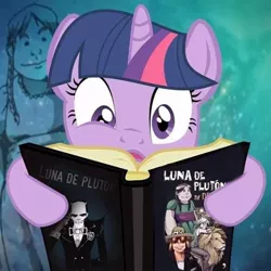 Size: 720x720 | Tagged: derpibooru import, dross, dross rotzank, luna de plutón, reading, safe, spanish, twilight sparkle