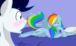 Size: 1024x620 | Tagged: suggestive, artist:colourstrike, derpibooru import, rainbow dash, soarin', pony, backwards cutie mark, bed, bedroom eyes, blushing, female, imminent sex, male, seductive, shipping, side, soarindash, straight, sultry pose