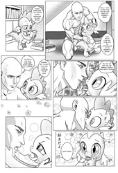 Size: 1275x1870 | Tagged: suggestive, artist:pencils, derpibooru import, spike, oc, oc:anon, dragon, human, comic:anon's pie adventure, and then spike was gay, anime, april fools, book, comic, cute, drool, drool string, gay, human male, human on dragon action, implied foalcon, interspecies, kissing, male, monochrome, senpai, shipping, spikabetes