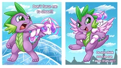 Size: 1774x1000 | Tagged: safe, artist:vavacung, derpibooru import, princess flurry heart, spike, alicorn, dragon, pony, the crystalling, behaving like a weapon, dialogue, equestria's best uncle, eyes closed, female, filly, flurry blaster, male, open mouth, smiling, uncle and niece, uncle spike