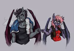 Size: 1299x900 | Tagged: safe, artist:lya, derpibooru import, oc, oc:draug, oc:korom, unofficial characters only, anthro, bat pony, brofist, cigarette, colored, female, kezsüel, male, roleplaying, smoking