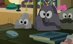 Size: 1443x863 | Tagged: book, boulder (pet), derpibooru import, googly eyes, hat, jewelry, pet rock, safe, screencap, solo, the gift of the maud pie