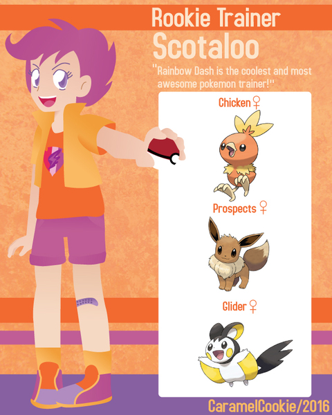 Size: 640x800 | Tagged: artist:caramelcookie, crossover, cutie mark, derpibooru import, eevee, emolga, human, humanized, pokéball, pokémon, pokémon team, pokémon trainer, safe, scootaloo, the cmc's cutie marks, torchic