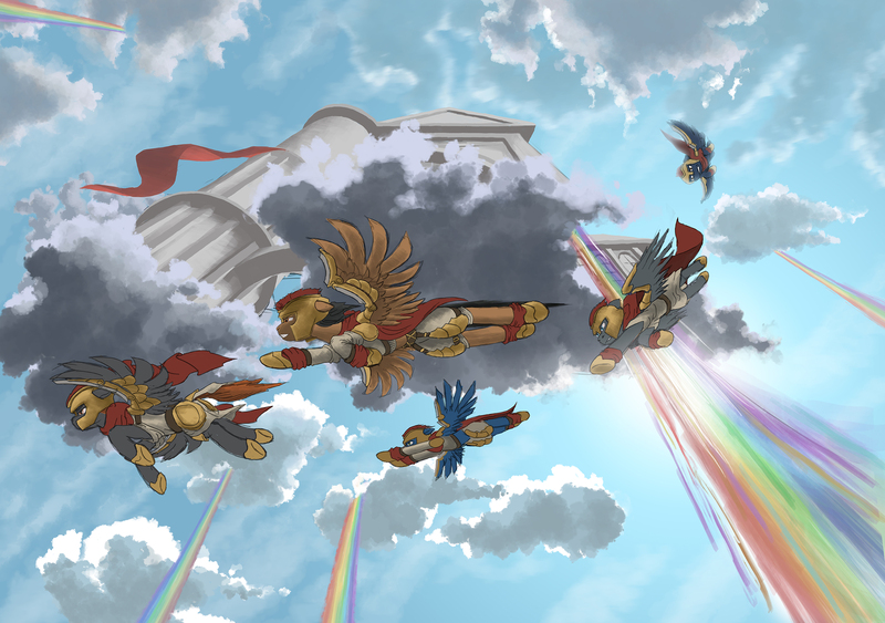 Size: 2500x1758 | Tagged: safe, artist:doomsp0rk, derpibooru import, pegasus, pony, armor, cloud, flying, helmet, nightfall in equestria, rainbow, rainbow waterfall, wing armor, worm's eye view