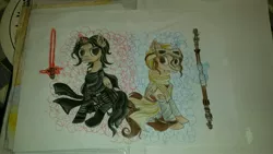 Size: 3264x1836 | Tagged: safe, artist:maytheforcebewithyou, derpibooru import, ponified, alicorn, pony, crossover, han's murder, kylo ren, lightsaber, rey, staff, star wars, star wars: the force awakens, weapon