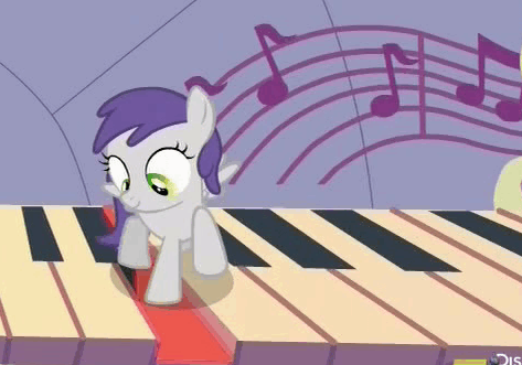 Size: 473x331 | Tagged: safe, derpibooru import, screencap, tornado bolt, pony, the gift of the maud pie, animated, background pony, big (movie), cute, discovery family logo, eyes closed, female, filly, happy, musical instrument, open mouth, piano, smiling, stomping, theme song, tornadorable