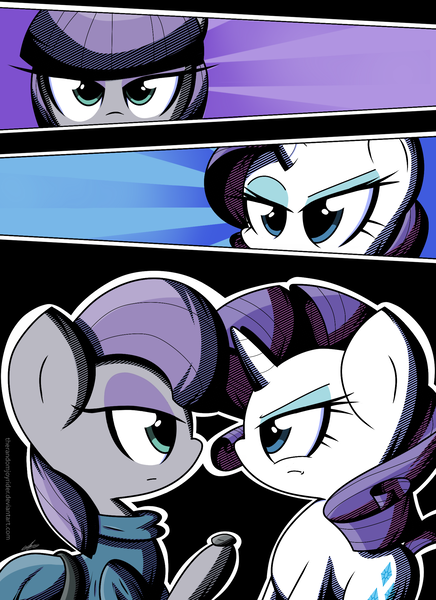 Size: 1600x2200 | Tagged: artist:therandomjoyrider, boulder (pet), derpibooru import, maud pie, rarity, safe, staredown