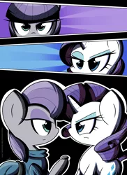 Size: 1600x2200 | Tagged: artist:therandomjoyrider, boulder (pet), derpibooru import, maud pie, rarity, safe, staredown