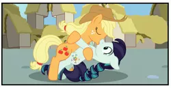 Size: 3196x1644 | Tagged: suggestive, artist:gutovi, derpibooru import, edit, applejack, coloratura, earth pony, pony, comic:why me!?, cropped, female, jealous, kissing, lesbian, rara, rarajack, shipping, surprise kiss, surprised