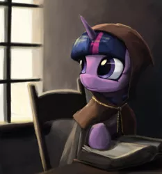 Size: 1101x1179 | Tagged: artist:bakuel, book, chair, clothes, clover the clever, costume, derpibooru import, frown, hearth's warming eve (episode), looking back, safe, sitting, solo, table, twilight sparkle, window