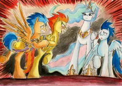 Size: 2316x1629 | Tagged: safe, artist:souleatersaku90, derpibooru import, flash sentry, princess celestia, soarin', spitfire, pony, fanfic, angry, arrested, commission, fanfic art, the simple life, traditional art, watercolor painting