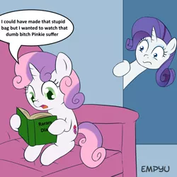Size: 1000x1000 | Tagged: safe, artist:empyu, derpibooru import, rarity, sweetie belle, pony, unicorn, the gift of the maud pie, book, female, filly, mare, sweetie belle's book, vulgar, wide eyes