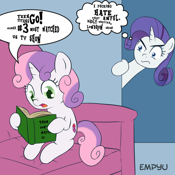 Size: 1000x1000 | Tagged: safe, artist:empyu, derpibooru import, edit, rarity, sweetie belle, pony, unicorn, book, exploitable meme, meme, sweetie belle's book, teen titans go, vulgar