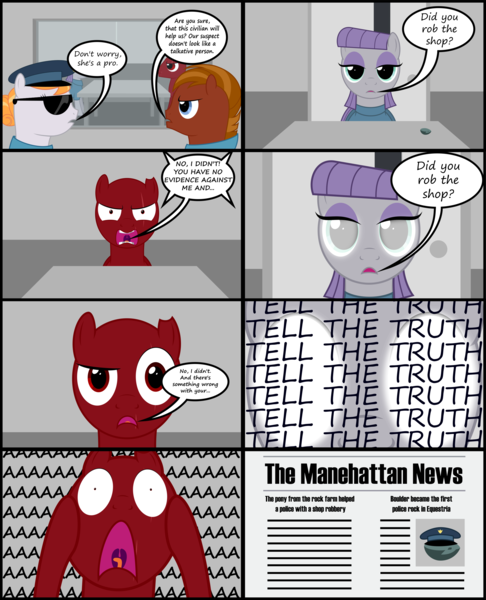 Size: 2270x2804 | Tagged: artist:codename50, boulder (pet), comic, copper top, derpibooru import, glowing eyes, maud pie, newspaper, police officer, police pony, safe, screaming, speech bubble, sunglasses, the fire in her eyes, the gift of the maud pie