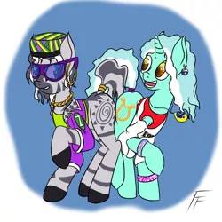 Size: 1600x1600 | Tagged: safe, artist:frecklesfanatic, derpibooru import, lyra heartstrings, zecora, pony, unicorn, zebra, '90s, bracelet, butt, butt bump, butt to butt, butt touch, choker, clothes, dancing, dock, ear piercing, earring, hat, jewelry, necklace, piercing, plot, plot pair, shirt, slap bracelet, sunglasses, t-shirt, tamagotchi, vest, yin-yang