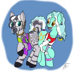 Size: 1600x1600 | Tagged: safe, artist:frecklesfanatic, derpibooru import, lyra heartstrings, zecora, pony, unicorn, zebra, '90s, bracelet, butt, butt bump, butt to butt, butt touch, choker, clothes, dancing, dock, ear piercing, earring, jewelry, necklace, piercing, plot, plot pair, shirt, slap bracelet, t-shirt, tamagotchi, vest, yin-yang