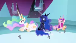 Size: 1920x1080 | Tagged: safe, derpibooru import, screencap, princess cadance, princess celestia, princess luna, alicorn, pony, twilight's kingdom, bondage, chains, prisoner, royal sisters, shackles, tartarus, unsexy bondage