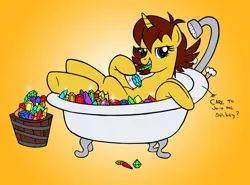 Size: 1038x769 | Tagged: suggestive, artist:edcom02, artist:jmkplover, derpibooru import, ponified, insect, pony, unicorn, wasp, avengers, avengers: earth's mightiest heroes, bathtub, bucket, claw foot bathtub, crossover, gem, janet van dyne, marvel, solo, sultry pose