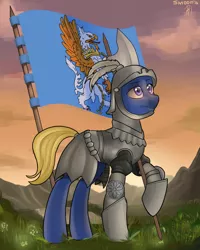 Size: 2520x3150 | Tagged: safe, artist:gluxar, derpibooru import, ponified, earth pony, gryphon, pony, armor, bertrand du guesclin, flag, france, grass, halberd, helmet, history, hundred years' war, mountain, prance, solo, war, weapon