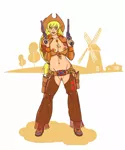 Size: 1000x1197 | Tagged: applejack, applejack's hat, artist:rivawi, boots, breasts, busty applejack, chaps, clitoris, clit piercing, clothes, confederate flag, cowboy boots, cowboy hat, derpibooru import, explicit, female, genital piercing, gun, hat, human, humanized, looking at you, nipple piercing, nipples, nudity, piercing, shoes, simple background, solo, solo female, vaginal piercing, vulva, weapon