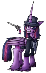 Size: 615x960 | Tagged: safe, artist:captainofhopes, derpibooru import, twilight sparkle, twilight sparkle (alicorn), alicorn, pony, clothes, female, gun, hat, horn, long horn, mare, solo, weapon