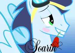 Size: 2105x1488 | Tagged: safe, artist:eddie-shadows, derpibooru import, soarin', pony, bedroom eyes, bust, flower, flower in mouth, goggles, heart, mouth hold, rose, signature, solo