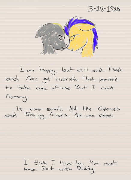 Size: 2400x3300 | Tagged: safe, artist:aaronmk, derpibooru import, derpy hooves, flash sentry, pegasus, pony, derpsentry, diary, dinky hooves's diary, feels, female, implied dinky, lined paper, male, mare, sad, shaved mane, shipping, straight