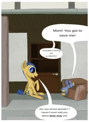 Size: 2400x3300 | Tagged: alternate hairstyle, artist:aaronmk, chair, comic, derpibooru import, dinky hooves's diary, female, filly, flash sentry, grandfather and grandchild, implied dinky, male, offspring, older, parent:dinky hooves, safe, sitting