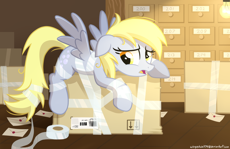 Size: 5100x3300 | Tagged: safe, artist:wingedwolf94, deleted from derpibooru, derpibooru import, derpy hooves, pegasus, pony, box, cardboard box, cute, derpabetes, floppy ears, frown, i just don't know what went wrong, looking at you, open mouth, package, post office, sad, solo, spread wings, tape, tied up, wings