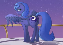 Size: 1280x905 | Tagged: artist:wonkysole, balcony, blushing, butt, derpibooru import, missing accessory, moonbutt, plot, princess luna, s1 luna, safe, solo, spread wings, stars, twilight (astronomy), wings