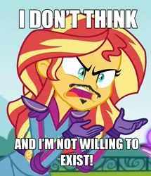 Size: 810x940 | Tagged: safe, derpibooru import, edit, edited screencap, screencap, sunset shimmer, equestria girls, friendship games, caption, exploitable meme, image macro, meme, rené descartes, solo, sunset is not willing to learn, text