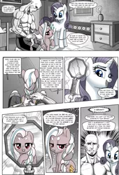 Size: 1309x1920 | Tagged: safe, artist:pencils, derpibooru import, rarity, oc, oc:anon, oc:papyra maroon, earth pony, human, pony, unicorn, comic:anon's pie adventure, arrogance, bandage, bracer, braid, clothes, comic, dialogue, do not want, entitlement, eyes on the prize, eyeshadow, female, filly, flower, human male, magic, makeup, male, mare, mirror, open mouth, partial nudity, shorts, surprised, telekinesis, thought bubble, topless