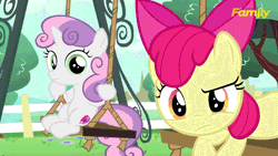 Size: 1280x720 | Tagged: animated, apple bloom, derpibooru import, discovery family logo, duo, frown, looking at you, on your marks, reaction image, safe, screencap, sweetie belle, sweetie belle's stare, swing, worried