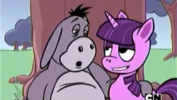 Size: 1366x768 | Tagged: adjustment burro, bedroom eyes, derpibooru import, eeyore, grass, mad magazine, mad (tv series), :o, open mouth, out of context, rapeface, safe, tree, twilight sparkle