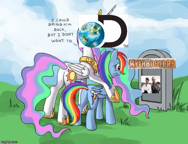 Size: 650x500 | Tagged: safe, artist:ponykillerx, derpibooru import, edit, princess celestia, rainbow dash, alicorn, pegasus, pony, adam savage, bitchlestia, butt, celestia's grave meme, discovery channel, exploitable meme, female, gravestone, implied death, jamie hyneman, mare, meme, mythbusters, plot, sad