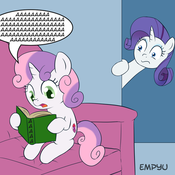 Size: 1000x1000 | Tagged: safe, artist:empyu, derpibooru import, edit, rarity, sweetie belle, pony, unicorn, aaaaaaaaaa, book, exploitable meme, meme, sweetie belle's book