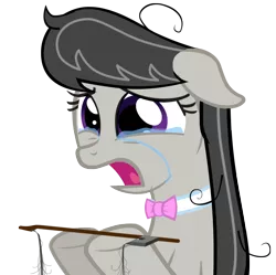 Size: 752x750 | Tagged: source needed, safe, artist:synch-anon, derpibooru import, octavia melody, earth pony, pony, bow (instrument), broken, crying, female, floppy ears, frown, hoof hold, lidded eyes, mare, messy mane, open mouth, sad, simple background, solo, teary eyes, tragedy, transparent background, upset