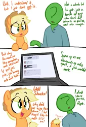 Size: 547x805 | Tagged: safe, artist:shoutingisfun, derpibooru import, applejack, oc, oc:anon, earth pony, human, pony, 4chan, :<, clothes, comic, computer, cute, dialogue, dot eyes, ear fluff, eye clipping through hair, female, hat, human male, jackabetes, laptop computer, male, mare, meta, open mouth