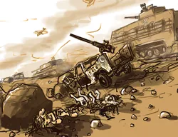 Size: 732x562 | Tagged: artist:agm, blood, camera, civil war, dead, death, derpibooru import, desert, grimdark, gun truck, helicopter, military, new lunar republic, pickup truck, tank (vehicle), technical