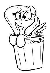 Size: 337x489 | Tagged: safe, artist:shoutingisfun, derpibooru import, fluttershy, pegasus, pony, :<, crying, female, frown, leaning, looking up, mare, monochrome, sad, solo, spread wings, trash can, wings, your waifu is trash