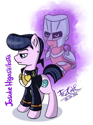 Size: 1401x1877 | Tagged: safe, artist:fezcake, derpibooru import, ponified, pony, crazy diamond, diamond is unbreakable, jewelry, jojo's bizarre adventure, josuke higashikata, pompadour, solo, stand