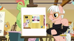 Size: 1280x720 | Tagged: andy warhol, crossing the memes, derpibooru import, discovery family logo, edit, edited screencap, exploitable meme, meme, on your marks, painting, pinkie pie excited meme, pop art (character), rariball, safe, screencap, the gift of the maud pie, tree hugger