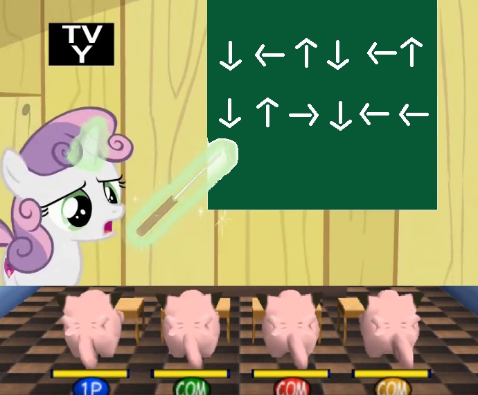 Size: 690x571 | Tagged: chalkboard, clefairy, derpibooru import, edit, edited screencap, levitation, magic, on your marks, pokémon, pokémon stadium, safe, screencap, sweetie belle, telekinesis